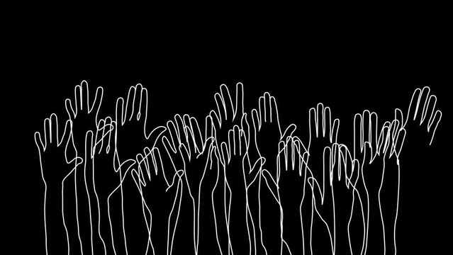 People Hands Raising up Drawing Line Animation on black background. Many Hand of audience, Volunteers or Crowd Concept 