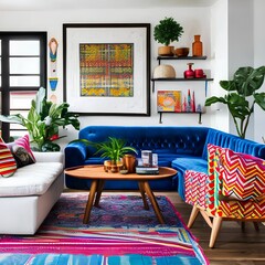 A vibrant, bohemian living room with a mix of colorful patterns, textures, and eclectic decor from around the world4, Generative AI