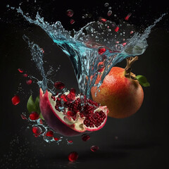 Pomegranates and halves of pomegranates in splashes of water on a dark background. Generative AI.