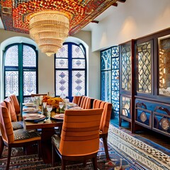 A colorful, Moroccan-style dining room with mosaic tile patterns, rich textiles, and hanging lanterns4, Generative AI