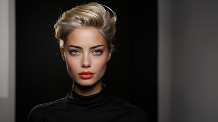 Hübsches Elegantes Frauen Gesicht im Vogue Stil mit edlen Make up und dunklen Hintergrund Nahaufnahme, ai generativ