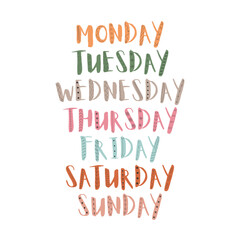 Week days handwritten signs set for planner. Clipart, isolated vector letters with decor elements.