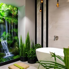 A tropical oasis-themed bathroom with an indoor waterfall, lush greenery, and bamboo accents1, Generative AI