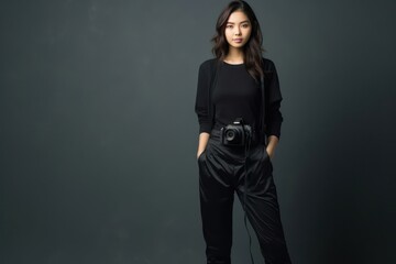 Naklejka premium Asian Woman Photographer Lifestyle Backdrop Generative AI