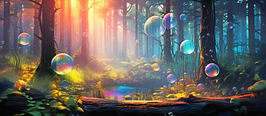 forest scene with iridescent bubbles floating around. AI generated. - obrazy, fototapety, plakaty