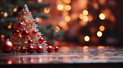 Fototapeta na wymiar Stunningly decorated christmas tree with lantern on blurred background