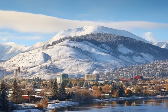 Sunny winter day capturing Mount Paul and Kamloops downtown. Generative AI