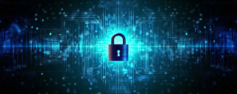 Padlock over glowing abstract electronic circuit background, wide banner - cyber security concept. Generative AI