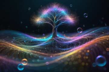 Der Baum, gehüllt in flüchtigen Partikeln, erinnert uns daran, dass Schönheit oft in der Vergänglichkeit liegt (AI)