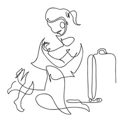 One line drawing of daughter greeting mother returning home with luggage.
One continuous line drawing of trip and  family concept.