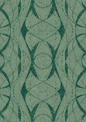 Hand-drawn unique abstract seamless ornament. Dark green on light cold green background, with splatters of golden glitter. Paper texture. Digital artwork, A4. (pattern: p10-4d)