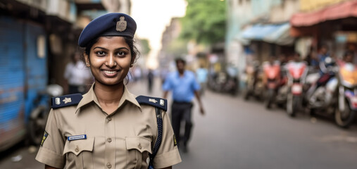 Indian woman working as police officer or cop, closeup portrait, blurred city background. Generative AI