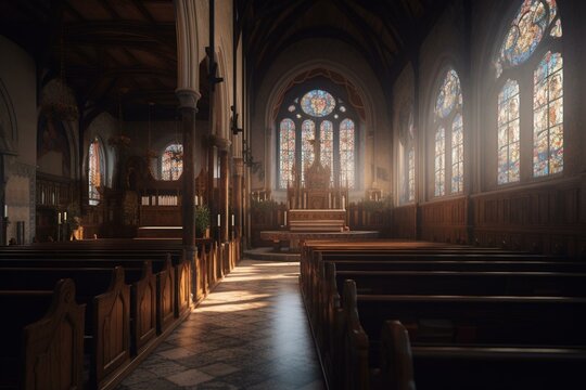 Soothing 8k image showcasing a calm church interior. Generative AI