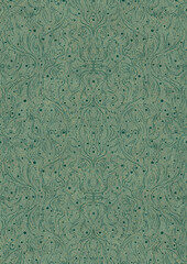 Hand-drawn unique abstract seamless ornament. Dark green on light cold green background, with splatters of golden glitter. Paper texture. Digital artwork, A4. (pattern: p11-2d)