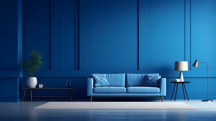Empty living Room with Blue tones wall, Generative AI