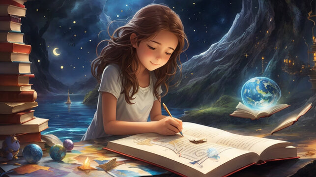 Girl reading a book as the canvas for creativity, with an evolving fantasy world encouraging readers to explore their own imaginative abilities.
