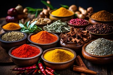 Spices and herbs on wooden background. An assortment of aromatic spices and herbs. Food and cuisine ingredients.