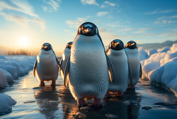 emperor penguins walking through a snowy landscape, animals winter - obrazy, fototapety, plakaty