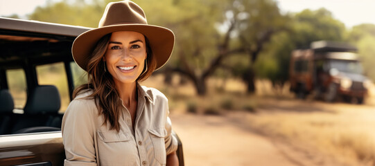 Woman in adventurer outfit on african safari. Standing next to her off road car, blurred savanna background. Generative AI
