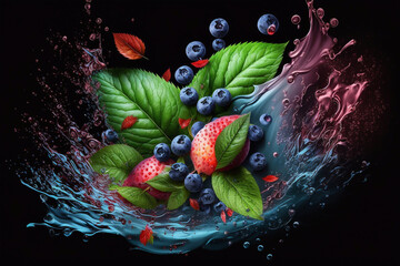 Obraz na płótnie Canvas Different berries in splashes of water on a dark background. Generative AI.