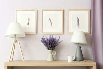 Minimalist living room or bedroom with table lamp, lavender in white vase, cozy home interior with mockup frames on wall. Generative AI