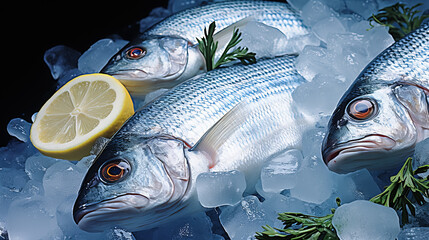 fresh fish on ice at market - obrazy, fototapety, plakaty