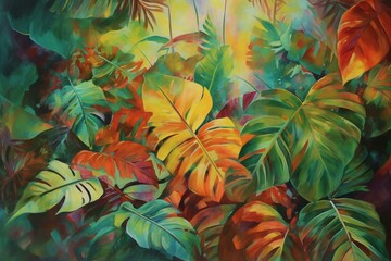 Fototapeta na wymiar Tropical foliage painting. Generative AI