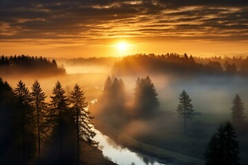 A beautiful early morning view with the sun rising amidst a thick mist. Generative AI