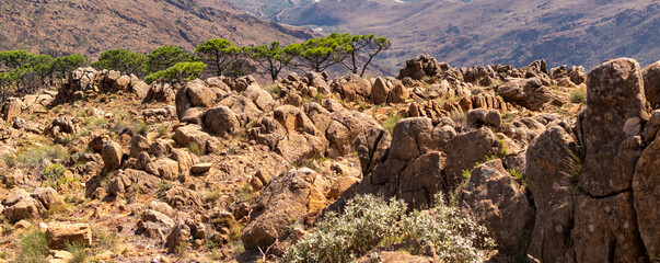 Large yellow stones on mountains on background of small green trees and mountain valley