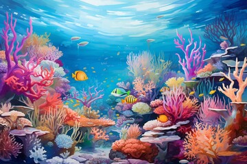 Fototapeta na wymiar Illustrative painting of an underwater scene featuring a vibrant coral reef and diverse marine life. Generative AI