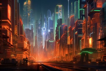 Futuristic cityscape illuminated by vibrant orange and green neon lights. Nighttime scene with advanced buildings. Generative AI - obrazy, fototapety, plakaty