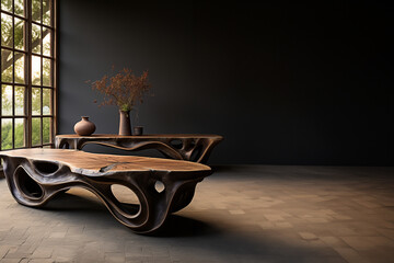 Luxioröser Wohnzimmer Tisch in abstrakter aussergewöhnlicher Form und Design, ai generativ - obrazy, fototapety, plakaty
