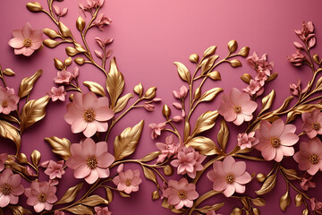 Beautiful detailed floral pattern of gold flowers on a pink background