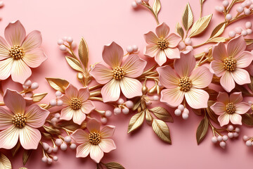 Beautiful detailed floral pattern of gold flowers on a pink background