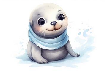 Cute smiling seal with scarf Chibi style watercolor kids, neutral light blue colors, white background