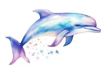 Fototapeta premium cute underwater dolphin, holographic watercolor colors, cartoon, white background