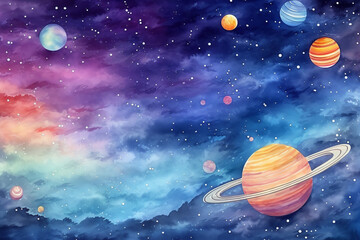 Naklejka premium cute watercolor planets in space background
