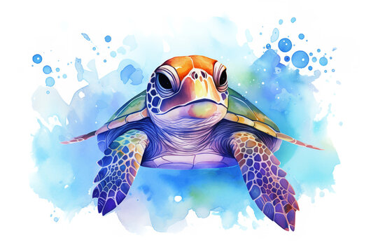 cute underwater sea turtle, holographic watercolor colors, cartoon, white background