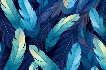 repeating pattern of feathers in colors aqua, turquoise, teal, and navy blue