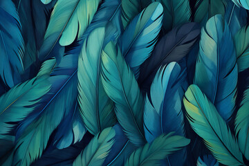 repeating pattern of feathers in colors aqua, turquoise, teal, and navy blue - obrazy, fototapety, plakaty