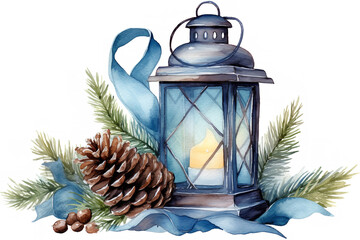 Shabby chic isolated blue wood lantern, ribbon, watercolor, jute handle, branches, pinecone, rustic antique; bow; country hand drawn; illustration festive