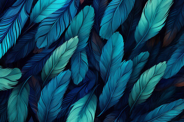 repeating pattern of feathers in colors aqua, turquoise, teal, and navy blue