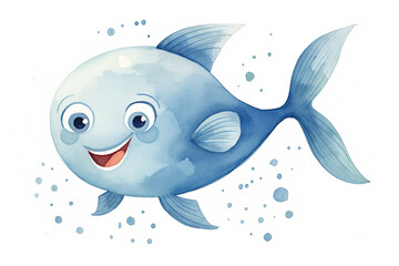 Fototapeta premium Simple fish with smiling face, watercolor, cartoon style, neutral colors, nursery, white background