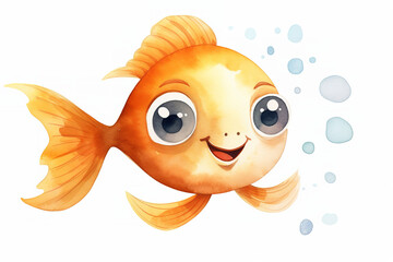 Simple fish with smiling face, watercolor, cartoon style, neutral colors, nursery, white background