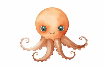 simple Octopus with smiling face, watercolor, cartoon style, neutral colors, nursery, minimalist, isolated on white background