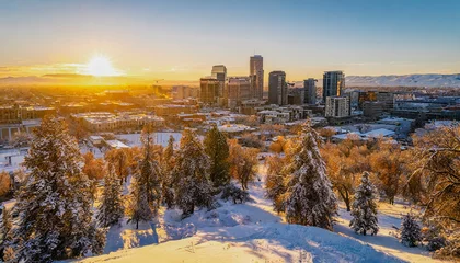 Wandaufkleber Drone photo of Boise Idaho in winter, near where the hills meet the city © @foxfotoco