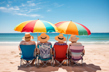 Elderly tourists under colorful umbrella sitting in deck chairs on a beach. Generative AI content.
