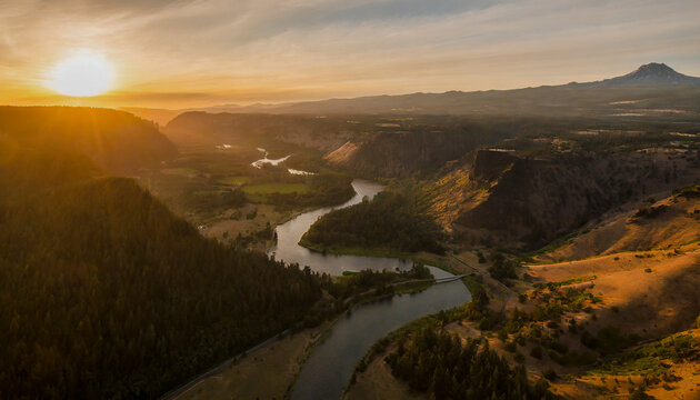 Drone style photo from Central Oregon, shot at sunset and focusing on the nature and riverscape. 