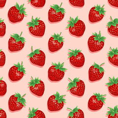 Strawberry. Strawberry seamless pattern on a pink background with shadow. Summer berry strawberry. The design is great for wallpaper, fabric, labels, packaging.