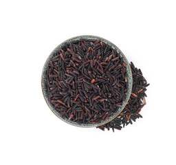 Bowl with raw black rice isolated on white, top view